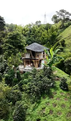 a house with a black roof on a hill at Leaf House - Sereno Glamping in El Tablazo