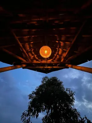 a light under a wooden roof with a tree at Leaf House - Sereno Glamping in El Tablazo
