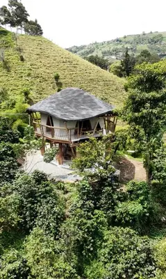 a house with a black roof on a hill at Leaf House - Sereno Glamping in El Tablazo