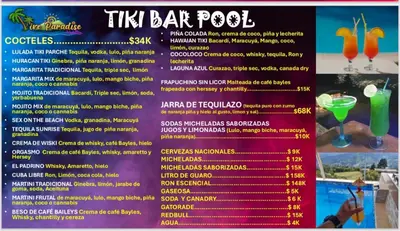 a menu of the tiki bar pool at VIVE PARADISE - UNICA HOSTERIA TERMAL Only Adult a solo 15 minutos de la ciudad in Medellín