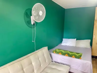 a green bedroom with a bed and a fan at Estudio renovado Belén, ubicación e iluminación in Medellín