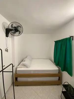 a bedroom with a bed with a fan and a green curtain at Apartmento a una cuadra del aprque principal in San Rafael