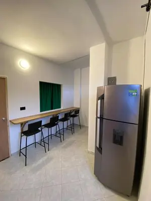 a large room with a table and a refrigerator at Apartmento a una cuadra del aprque principal in San Rafael