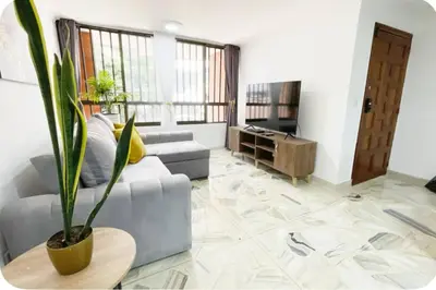 a living room with a couch and a potted plant at Group Stay in Poblado - Walk Everywhere - King Bed in Medellín
