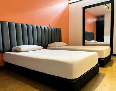 a bedroom with two beds and a large mirror at Hotel Natural Medellin in Medellín