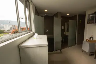a bathroom with a shower stall and a window at Lleras Green Hotel in Medellín