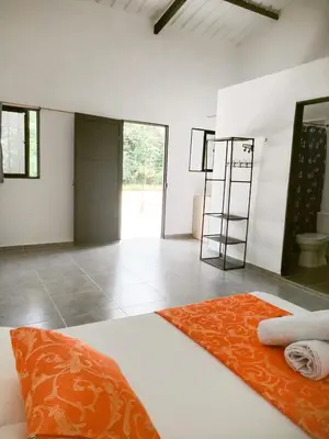 a room with a bathroom with an orange rug at JyM apartaestudios in Doradal
