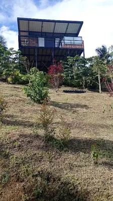 a building with a roof on top of a field at Gampling el Cielo los pinos in Rionegro