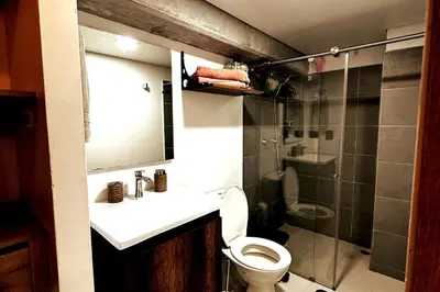 a bathroom with a toilet and a sink and a shower at Central Medellin Modern Loft - Balcony and Transit in Medellín