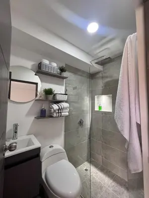 a bathroom with a shower and a toilet and a sink at Apartamento en La America 2 habitaciones in Medellín