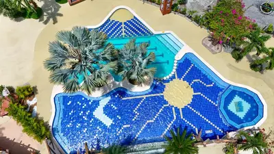 an overhead view of a swimming pool with palm trees at Solvae EcoHotel in San Jerónimo