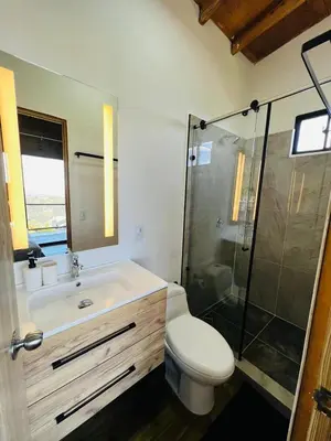 a bathroom with a toilet and a sink and a shower at Cabaña El Sueño de OPAD in Guarne