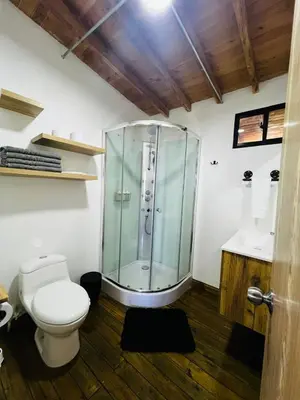 a bathroom with a shower and a toilet and a sink at Cabaña El Sueño de OPAD in Guarne