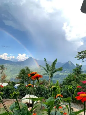 a rainbow over a garden with flowers in the foreground at Finca Crucytania in Titiribí