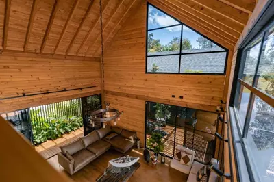 an overhead view of a living room in a house at Sienna Casa del Lago in Guatapé