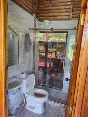 a small bathroom with a toilet and a sink at Cabaña con Jacuzzi cerca al Peñol in Chiquinquirá
