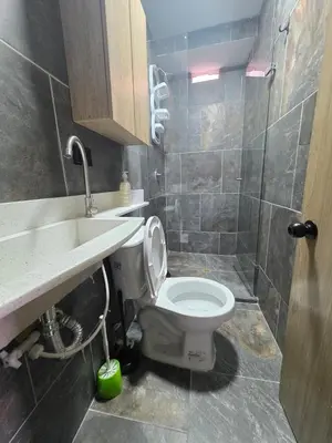 a bathroom with a toilet and a sink and a shower at Elegant apartment Laureles Estadio in Medellín