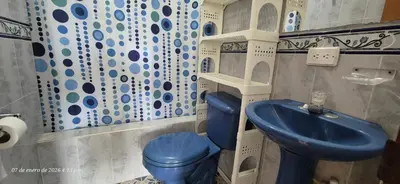 a bathroom with a blue toilet and a sink at Casa de descanso en Doradal Hacienda Napoles in Doradal