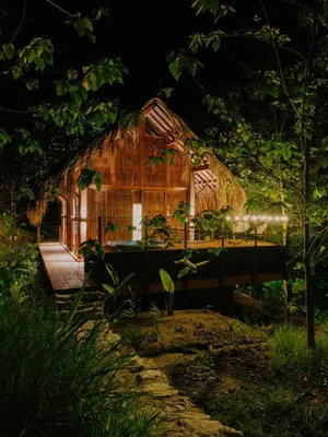 a thatch roof hut in a forest at night at Sandagua Hotel-Doradal, Antioquia in Puerto Triunfo