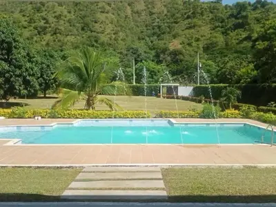 an empty swimming pool with a palm tree in the background at Serenity Poolside Retreat in Santa Fe Villa Bonita in Santa Fe de Antioquia