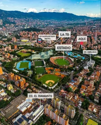 an aerial view of a city with buildings at Exclusive Stadium Apartment in Medellín