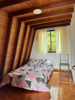 a bed in a room with a wooden ceiling at Pazionart Chalets in Santa Elena
