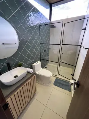 a bathroom with a toilet and a sink and a shower at Boreal Glamping in Guatapé