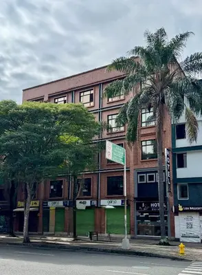 a building with a palm tree in front of it at Hotel Plaza Mayor 44 in Medellín