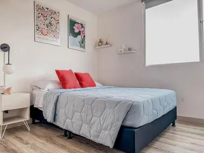 a bedroom with a bed with two red pillows on it at Plaza Corales Manizales in Manizales
