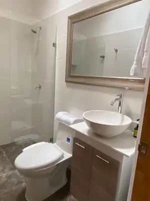 a bathroom with a toilet and a sink and a mirror at Las Flores de María 302 in Jardin