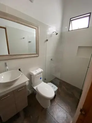 a bathroom with a toilet and a sink and a shower at Las Flores de Mria 303 in Jardin