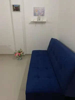 a blue couch in a living room with a plant at Las Flores de Mria 303 in Jardin