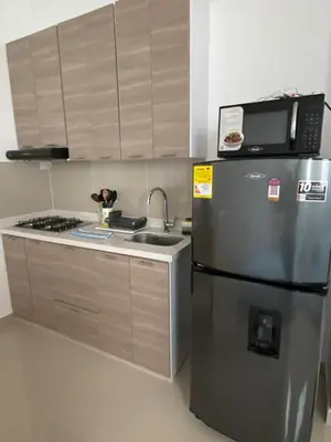a kitchen with a stainless steel refrigerator and a microwave at Las Flores de Mria 304 in Jardin