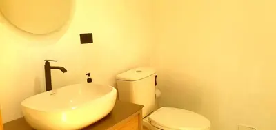a bathroom with a white toilet and a sink at Luxury Villa in Cerritos ride horses nearby in Pereira