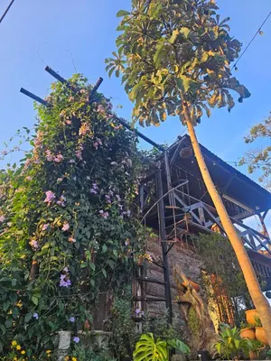a building with a tree and flowers on it at hotel campestre cerca del aeropuerto vía autopista Medellín Bogotá in Rionegro