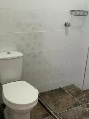 a bathroom with a white toilet and a shower at Finca Pacora in Palestina