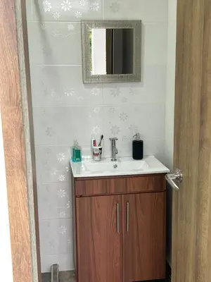 a bathroom with a sink and a mirror at Finca Pacora in Palestina