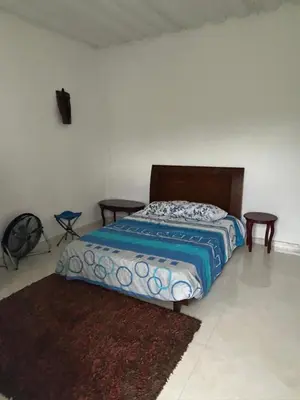a bedroom with a bed and two tables in it at Finca Pacora in Palestina
