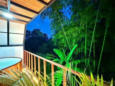 a balcony with a view of the forest at night at Cabaña con jacuzzi en Venecia in Venecia
