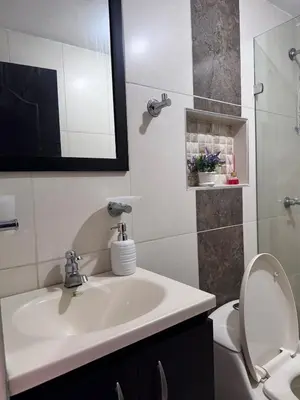 a bathroom with a sink and a toilet and a mirror at Acogedor Apartamento en la ciudad de Medellín- La floresta in Medellín