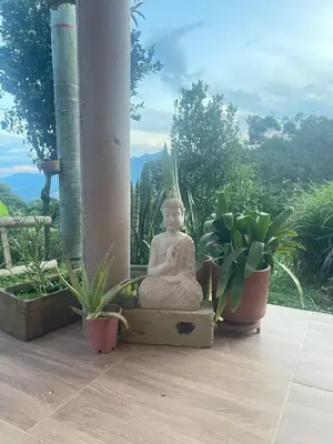 a statue of a buddha sitting on a porch with plants at Casa de Campo Cerca a Medellín in Angelópolis