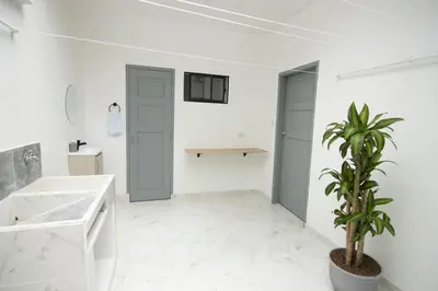 a bathroom with a potted plant in a white room at Medellin La 70 - Laureles in Medellín