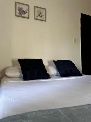 a bed with two blue pillows on top of it at Jireh alojamientos in Medellín