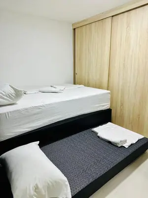 a bedroom with two twin beds and a small rug at Apartamentos laureles estadio 101 ED MILA in Medellín