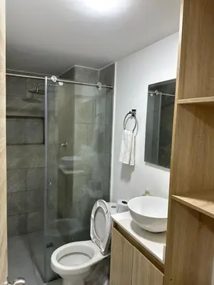 a bathroom with a shower and a toilet and a sink at Apartamentos laureles estadio 101 ED MILA in Medellín