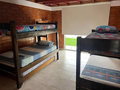 two bunk beds in a room with a brick wall at Colombia Escape - Cafe Acapulco Extasis in Viterbo