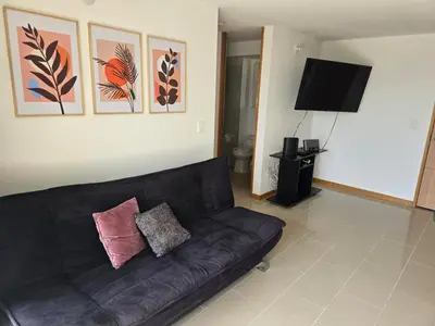 a living room with a black couch and a flat screen tv at Amoblado Belen Avenida in Medellín
