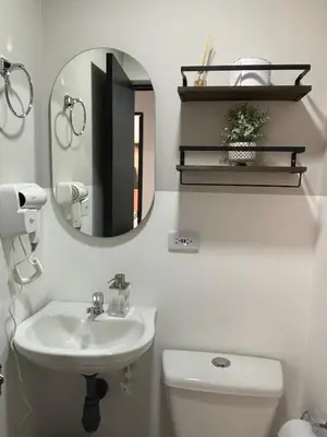 a bathroom with a sink and a toilet and a mirror at Apartamentos Virginia 34 in Medellín