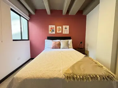 a bedroom with a large bed with a red wall at Apartamentos Virginia 34 in Medellín