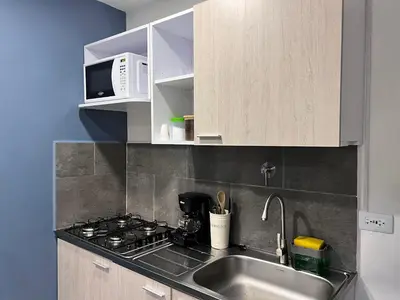 a kitchen with a sink and a microwave at Apartamentos Virginia 34 in Medellín